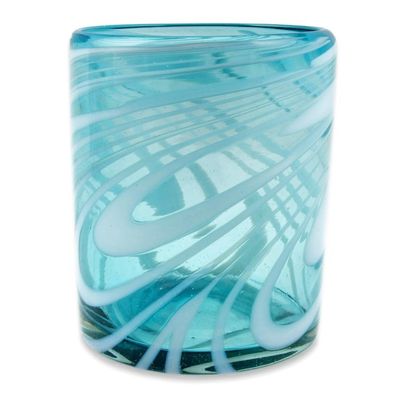 Alternate image for 6 Mexican Hand Blown 11 oz Rock Glasses in Aqua and White Whirling Aquamarine