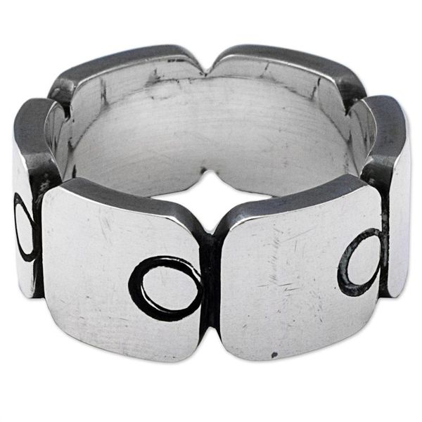 Alternate image for Sterling Silver Band Ring with Square Circle Motifs Mexico Aztec Squares