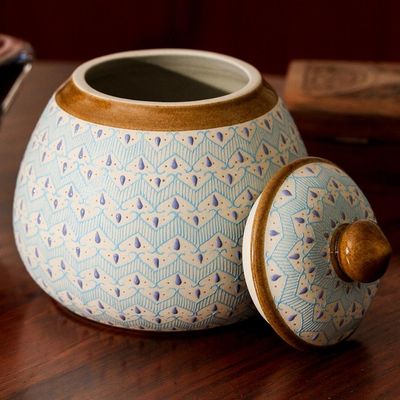 Alternate image for Blue Chevron Motif Ceramic Round Decorative Jar Chevron Tears