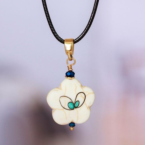 Alternate image for Gold-Accented Floral Howlite Pendant Necklace in Blue Hues Imagination Bloom
