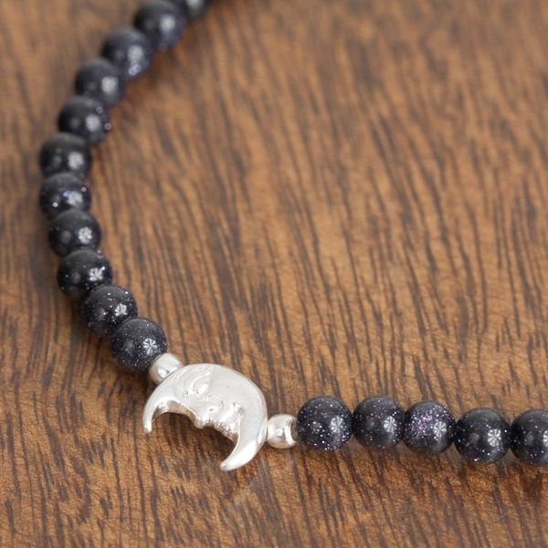 Alternate image for Deep Blue Agate with Sterling Silver Moon Pendant Bracelet Moon in the Stars