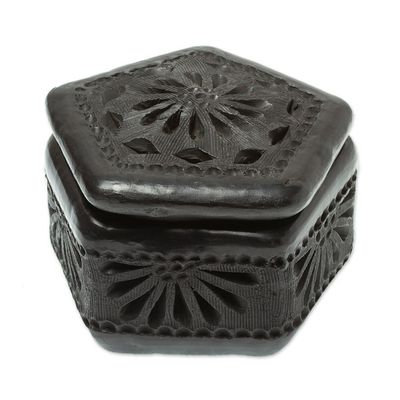 Alternate image for Mexican Barro Negro Decorative Box Floral Pentagon