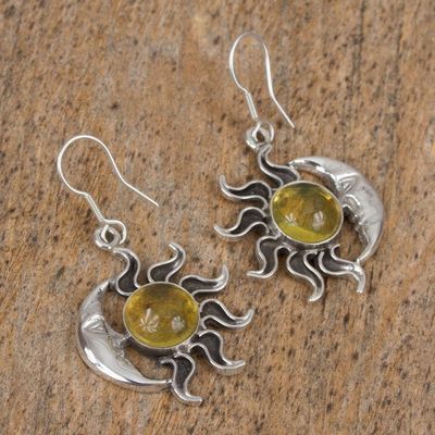 Alternate image for Mexican Sterling Silver and Amber Sun Moon Hook Earrings Resplendent Sunset