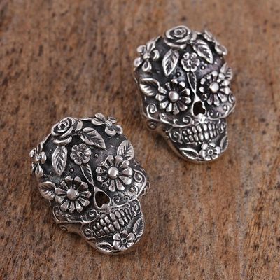 Alternate image for Catrina Skull Sterling Silver Drop Earrings from Mexico Catrina Flowers