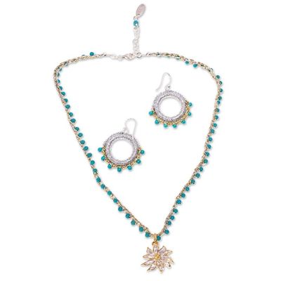 Alternate image for Turquoise Bead Necklace and Earring Set from Mexico Flower in Gold