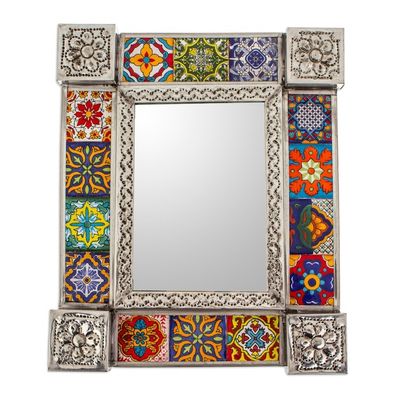Alternate image for Tin and Ceramic Wall Mirror with Talavera Motifs Small Talavera Seasons