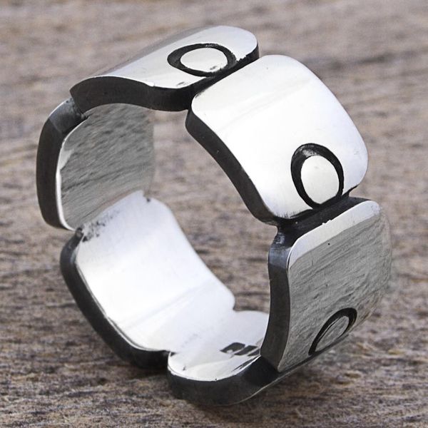 Alternate image for Sterling Silver Band Ring with Square Circle Motifs Mexico Aztec Squares