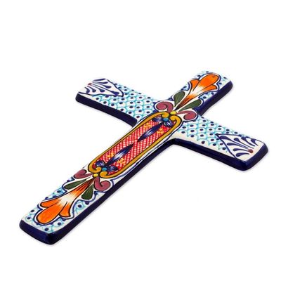 Alternate image for Hand Crafted Multicolored Ceramic Wall Cross From Mexico Orange Lily