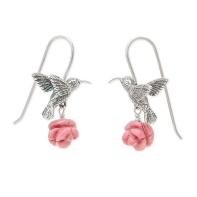 Alternate image for Silver Hummingbird Earrings with Rhodochrosite Roses Hummingbird Treasure