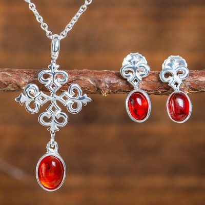Alternate image for Sterling Silver and Oval Amber Necklace and Earring Set Amber Cross