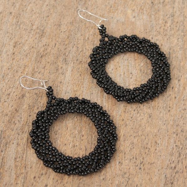 Alternate image for Circular Glass Beaded Dangle Earrings in Black from Mexico Ebony Black Circles