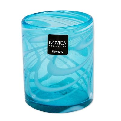 Alternate image for 6 Mexican Hand Blown 11 oz Rock Glasses in Aqua and White Whirling Aquamarine