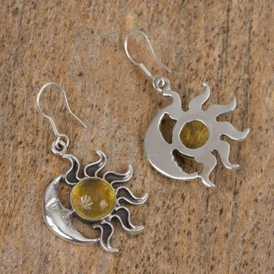 Alternate image for Mexican Sterling Silver and Amber Sun Moon Hook Earrings Resplendent Sunset