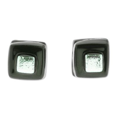 Alternate image for Black Fused Glass Mosaic Stud Earrings Handmade in Mexico Black Dichroic