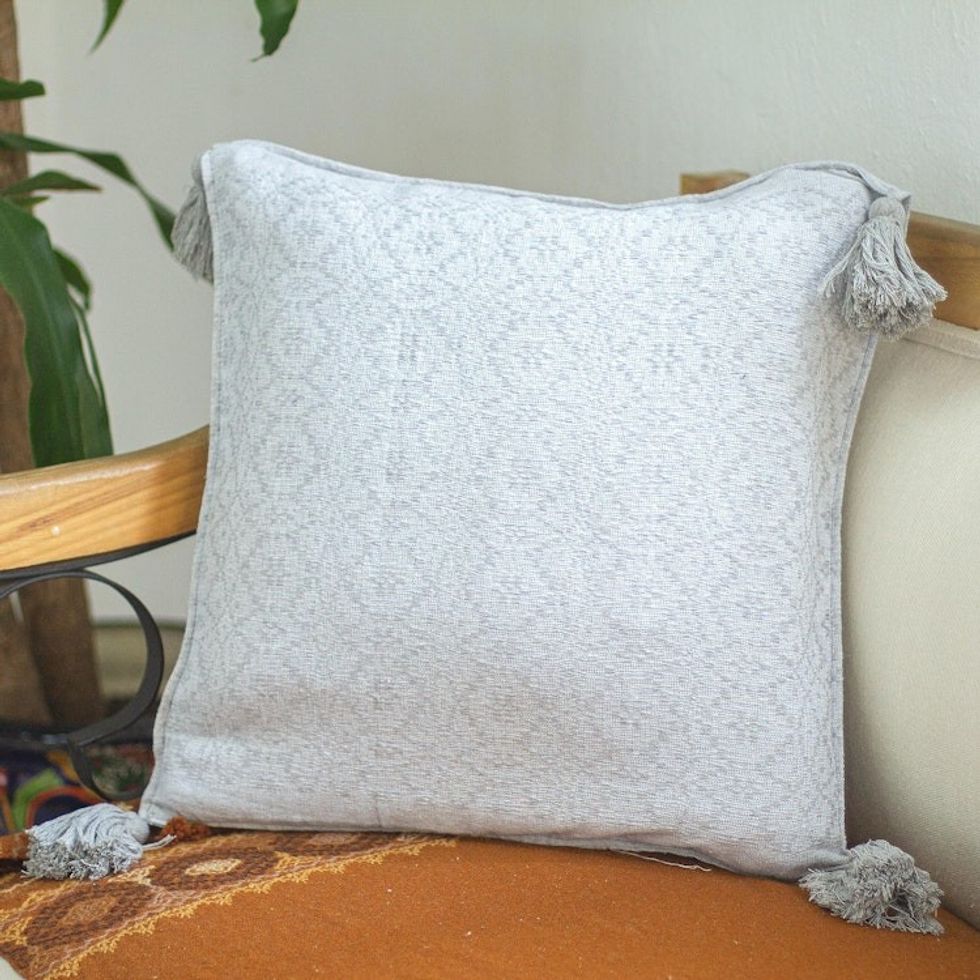 Light Grey All Cotton Cushion Cover from Mexico 'Oaxaca Diamonds in Ash Grey'