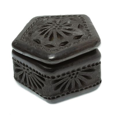Alternate image for Mexican Barro Negro Decorative Box Floral Pentagon