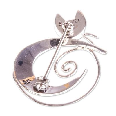 Alternate image for Handmade Taxco Sterling Silver Moon-Cat Brooch Pin Cat in the Moon