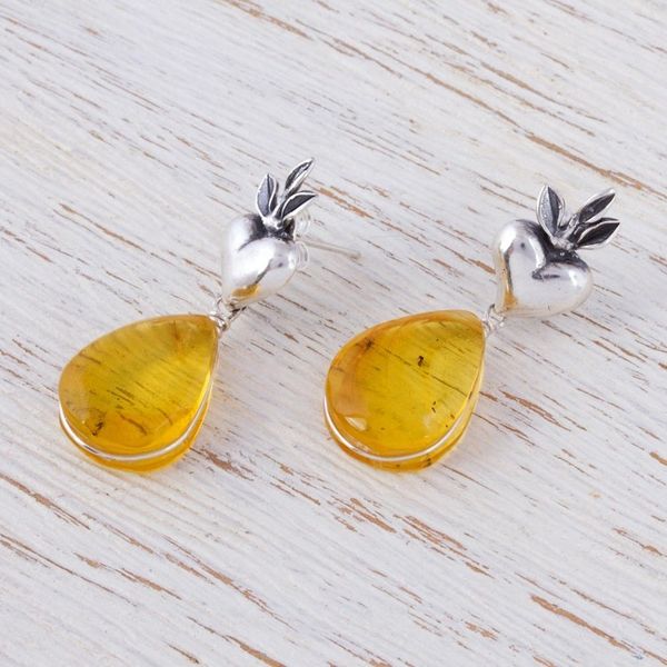 Alternate image for Heart Sterling Silver Earrings with Amber Droplets Fern Hearts