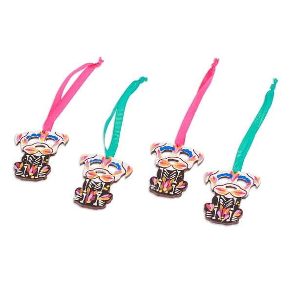 Alternate image for 4 Wood Day of the Dead Skeleton Dog Ornaments with Ribbons Day of the Dead Dog