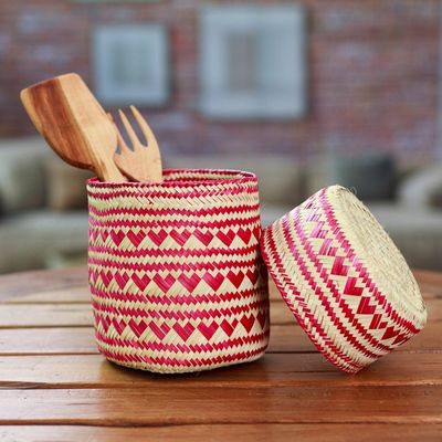 Alternate image for Red Hand-Woven Palm Fiber Basket with Lid from Mexico Love Red Heart