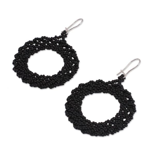 Alternate image for Circular Glass Beaded Dangle Earrings in Black from Mexico Ebony Black Circles