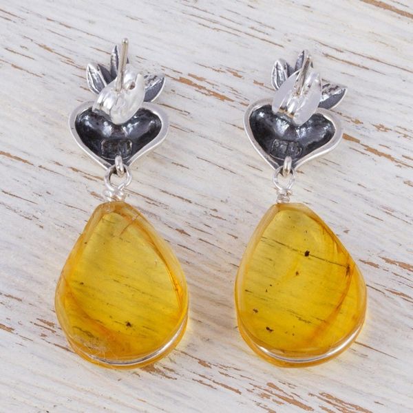 Alternate image for Heart Sterling Silver Earrings with Amber Droplets Fern Hearts
