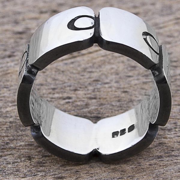 Alternate image for Sterling Silver Band Ring with Square Circle Motifs Mexico Aztec Squares