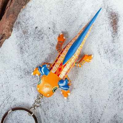 Alternate image for Orange-Yellow Wood Axolotl Alebrije Key Fob Mango Axolotl