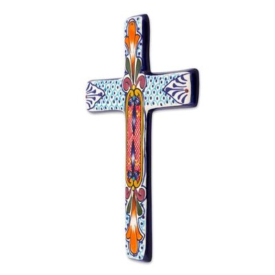 Alternate image for Hand Crafted Multicolored Ceramic Wall Cross From Mexico Orange Lily