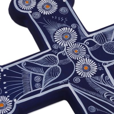 Alternate image for Blue with White Doves and Flowers Hand Painted Ceramic Cross Serenity Cross