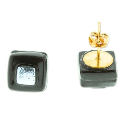 Alternate image for Black Fused Glass Mosaic Stud Earrings Handmade in Mexico Black Dichroic