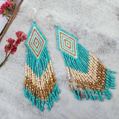 Alternate image for Handcrafted Huichol Aqua Beadwork Waterfall Earrings Huichol Cascade