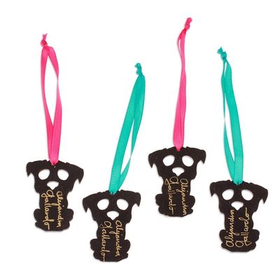 Alternate image for 4 Wood Day of the Dead Skeleton Dog Ornaments with Ribbons Day of the Dead Dog
