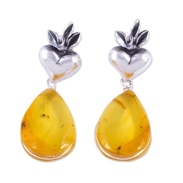 Alternate image for Heart Sterling Silver Earrings with Amber Droplets Fern Hearts
