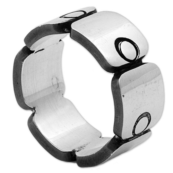 Alternate image for Sterling Silver Band Ring with Square Circle Motifs Mexico Aztec Squares