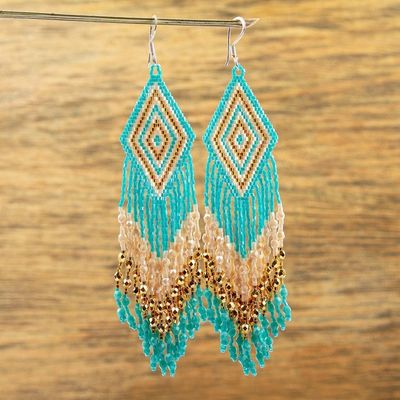 Alternate image for Handcrafted Huichol Aqua Beadwork Waterfall Earrings Huichol Cascade