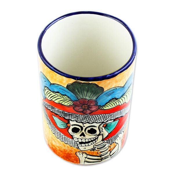Alternate image for Ceramic Catrina Vase Hand Painted in Mexico Brilliant Catrina