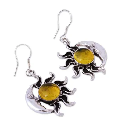 Alternate image for Mexican Sterling Silver and Amber Sun Moon Hook Earrings Resplendent Sunset