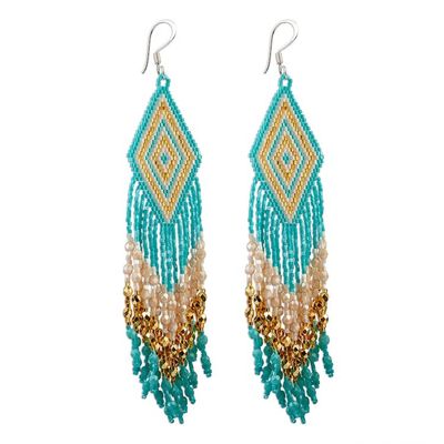 Alternate image for Handcrafted Huichol Aqua Beadwork Waterfall Earrings Huichol Cascade