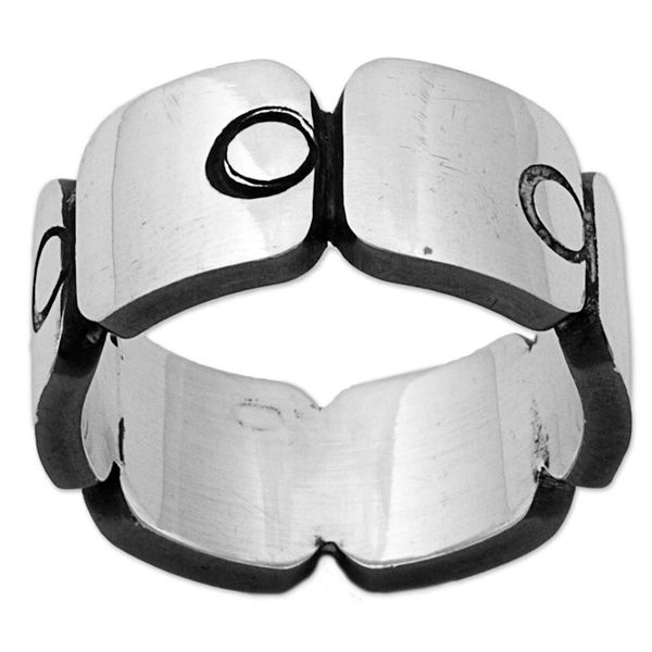 Alternate image for Sterling Silver Band Ring with Square Circle Motifs Mexico Aztec Squares
