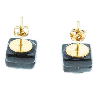 Alternate image for Black Fused Glass Mosaic Stud Earrings Handmade in Mexico Black Dichroic