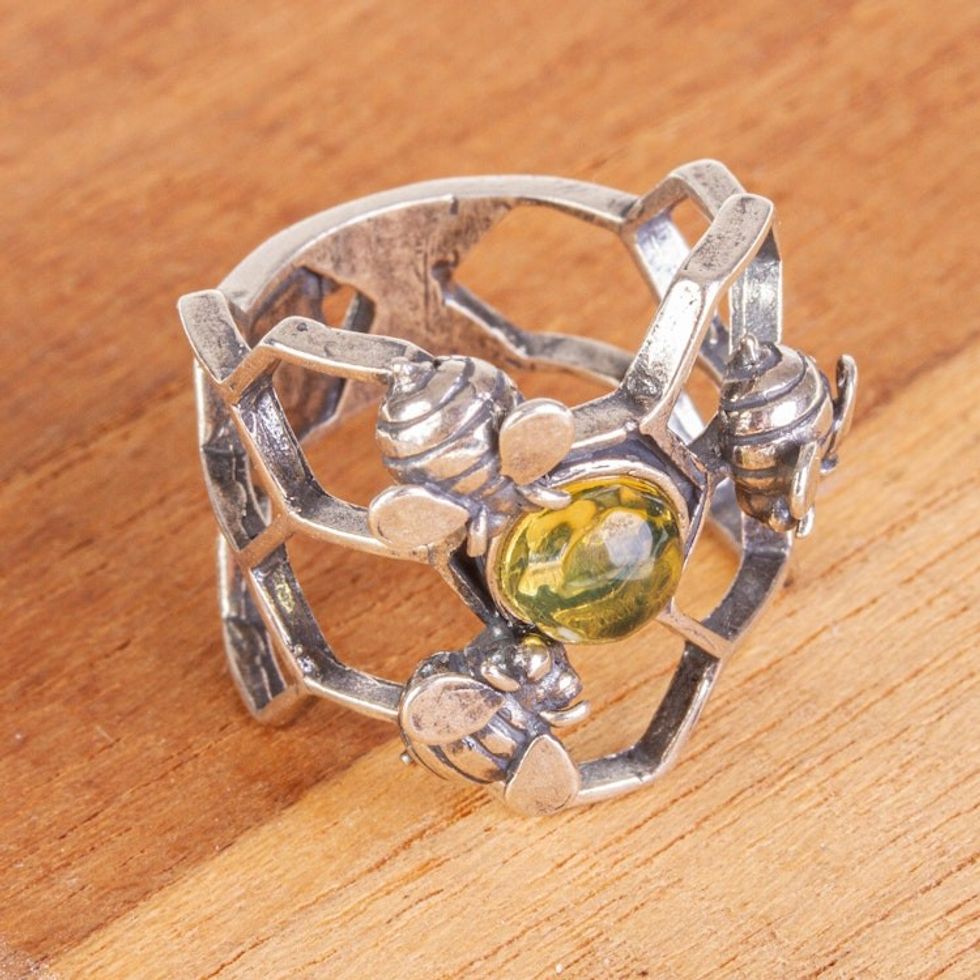 Amber and Sterling Silver Bee Cocktail Ring from Mexico 'Glowing Honey'