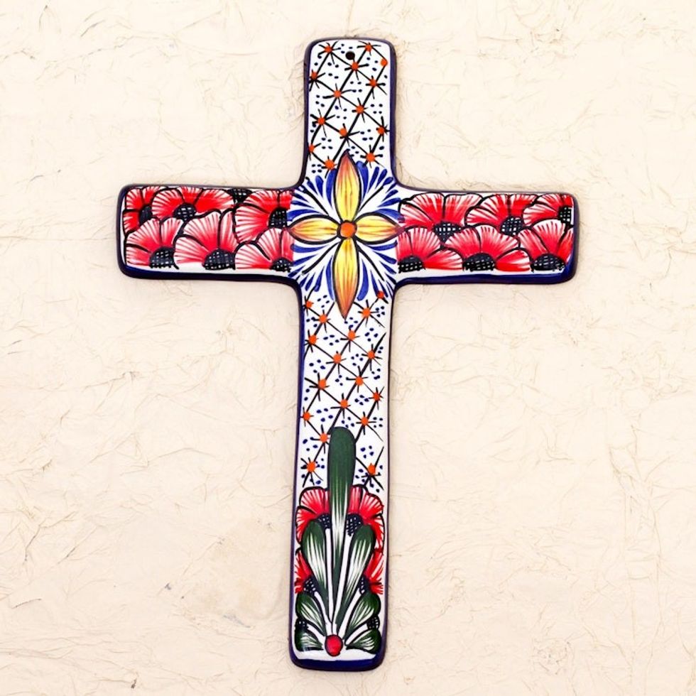 Multicolored Ceramic Mexican Wall Cross with Floral Motifs 'Flower Field'