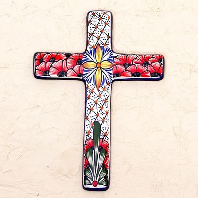 Alternate image for Multicolored Ceramic Mexican Wall Cross with Floral Motifs Flower Field