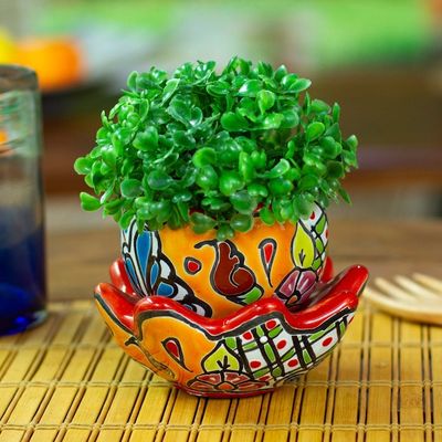 Alternate image for Handcrafted Floral Ceramic Pot with Saucer in Strawberry Talavera Eden in Strawberry