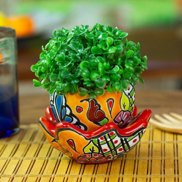 Alternate image for Handcrafted Floral Ceramic Pot with Saucer in Strawberry Talavera Eden in Strawberry