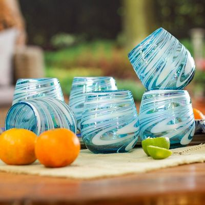 Alternate image for Set of 6 Turquoise and White Stemless Wine Glasses Waves of Freshness