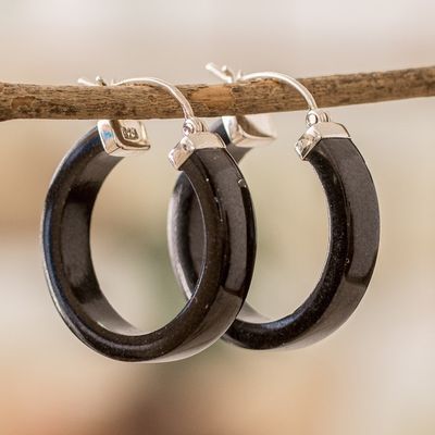Alternate image for Modern Black Jade Hoop Earrings with Sterling Silver Clasps Night Connection