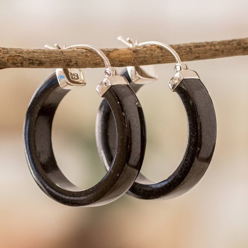 Modern Black Jade Hoop Earrings with Sterling Silver Clasps 'Night Connection'
