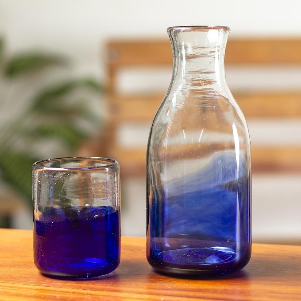 Handcrafted Carafe and Glass Set Pair 'Blue Wave'